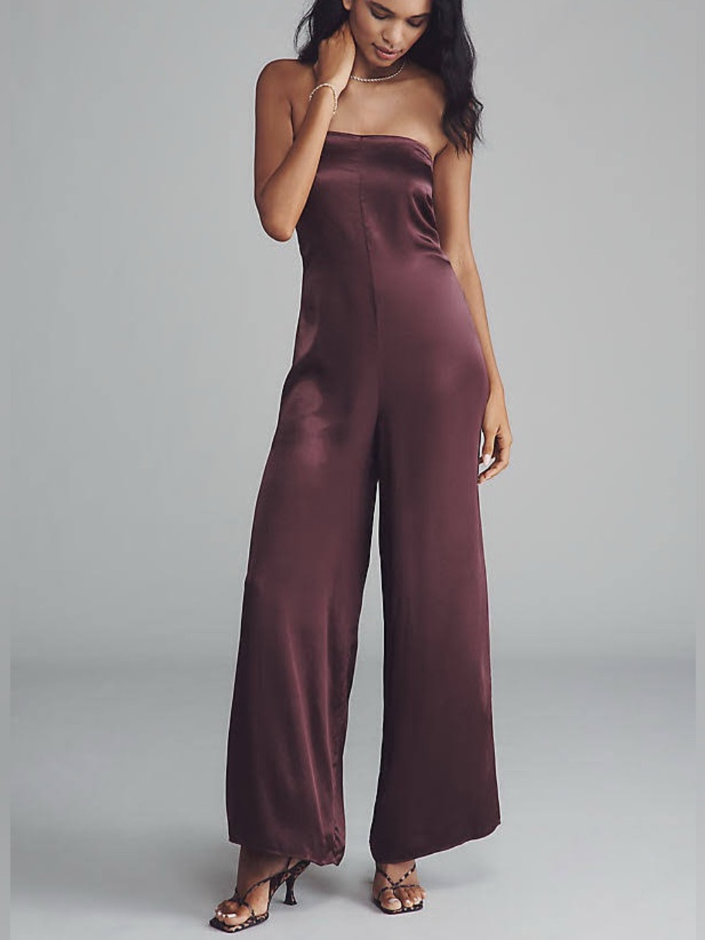 Fleur Strapless Satin Wide-Leg Jumpsuit-Wine-NWT-Small